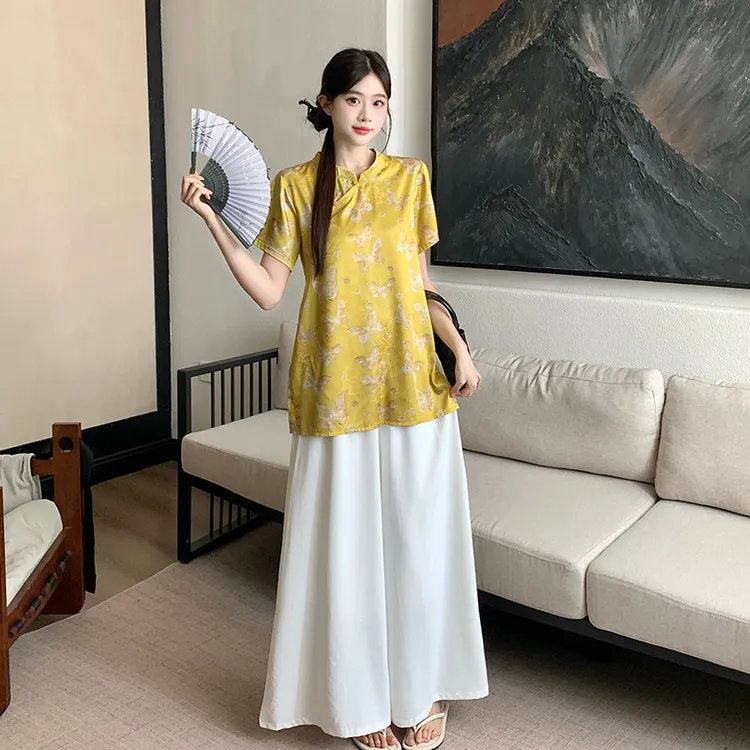 大码胖mm夏新款改良正肩旗袍短袖上衣高腰长裤裙两件套5926