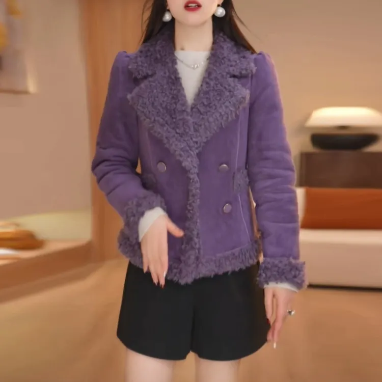 加绒加厚保暖短款外套女2025冬季新款时尚轻奢显瘦紫色小香风上衣