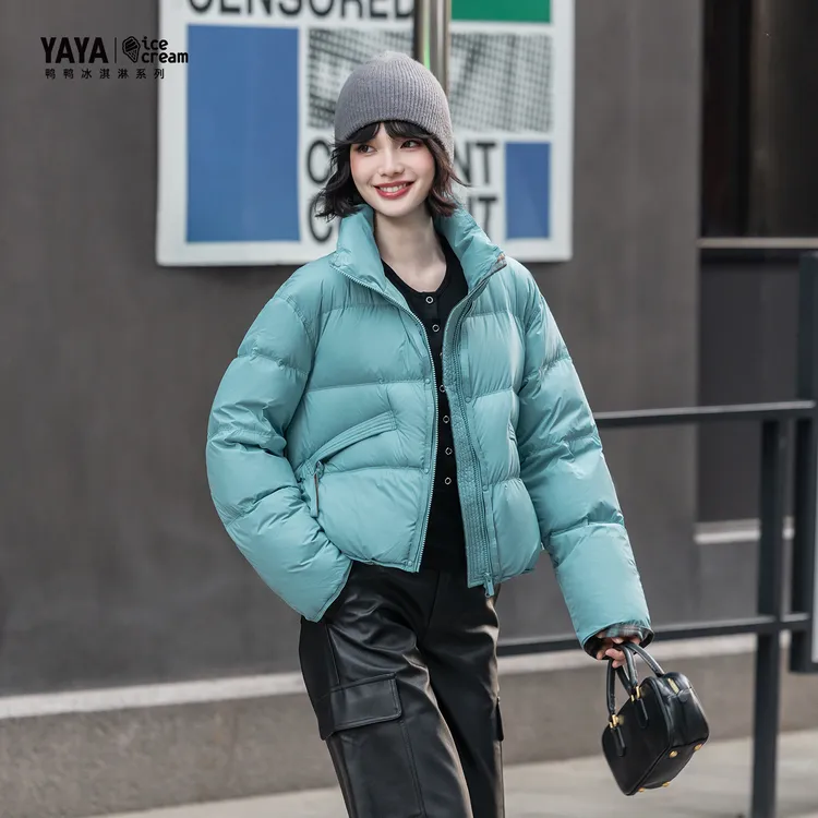 【冰淇淋系列】鸭鸭2025拼色立领厚款格子小个子90白鸭绒短款外套商品图