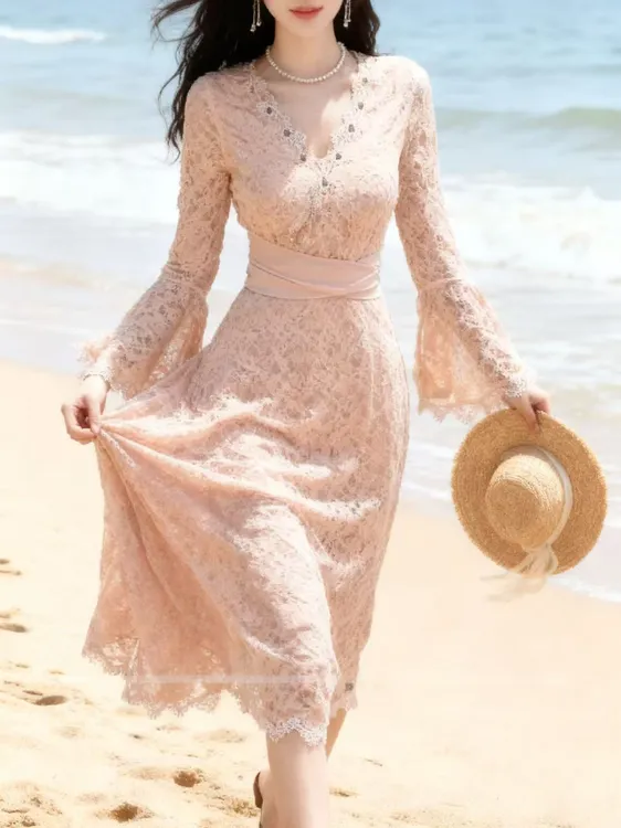 精致风喇叭袖长袖V领系带连衣裙长裙常规套头款短裙8134