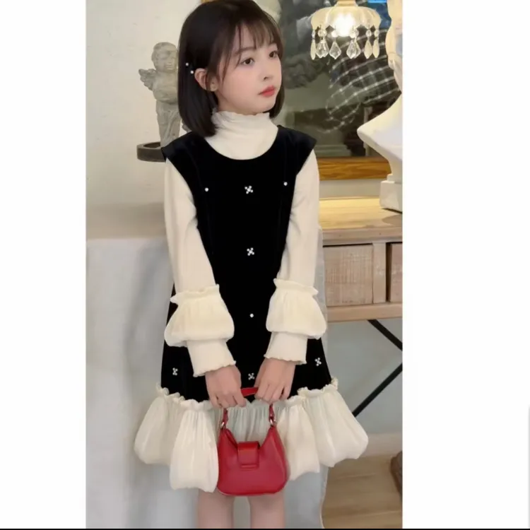 女童丝绒连衣裙秋冬两件套年货小香风加绒背心裙丝绒珍珠套裙女孩