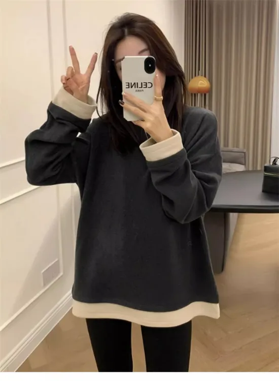 孕妇装秋冬季上衣2025新款时尚宽松保暖加厚德绒T恤卫衣女打底衫