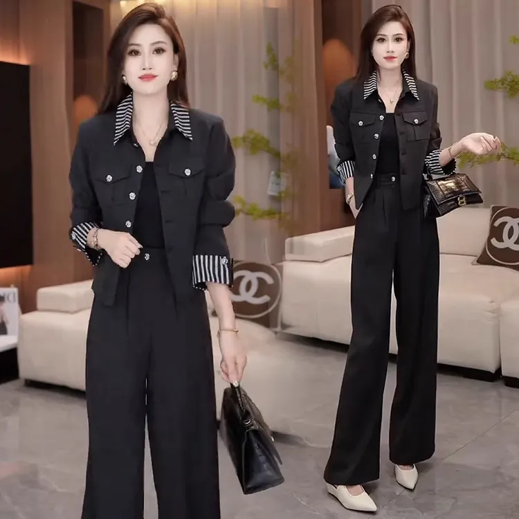 韩版西服时尚套装女秋季新款洋气显瘦拼接条纹外套阔腿裤两件套潮