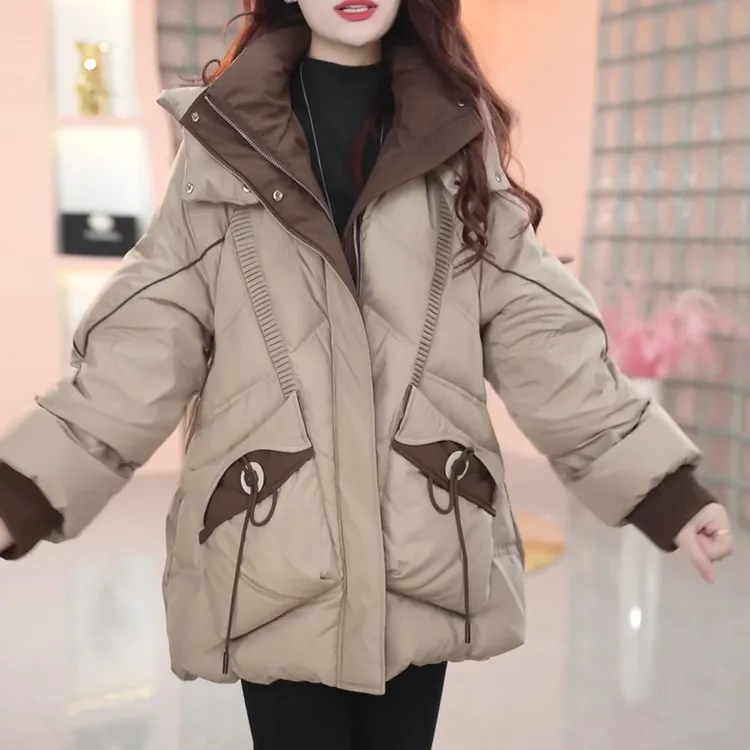 时尚连帽立领羽绒服女冬季2025新款宽松加厚保暖白鸭绒冬天外套潮