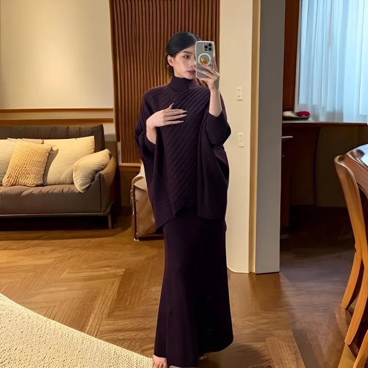 高品质慵懒风不规则宽松显瘦遮肉气质蝙蝠袖高领毛衣