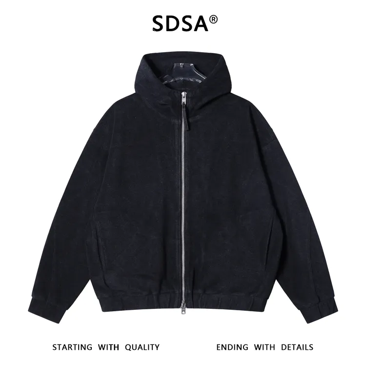 SDSA秋冬新款痞帅男装韩版纯色绒面拉链立领连帽卫衣百搭开衫外套