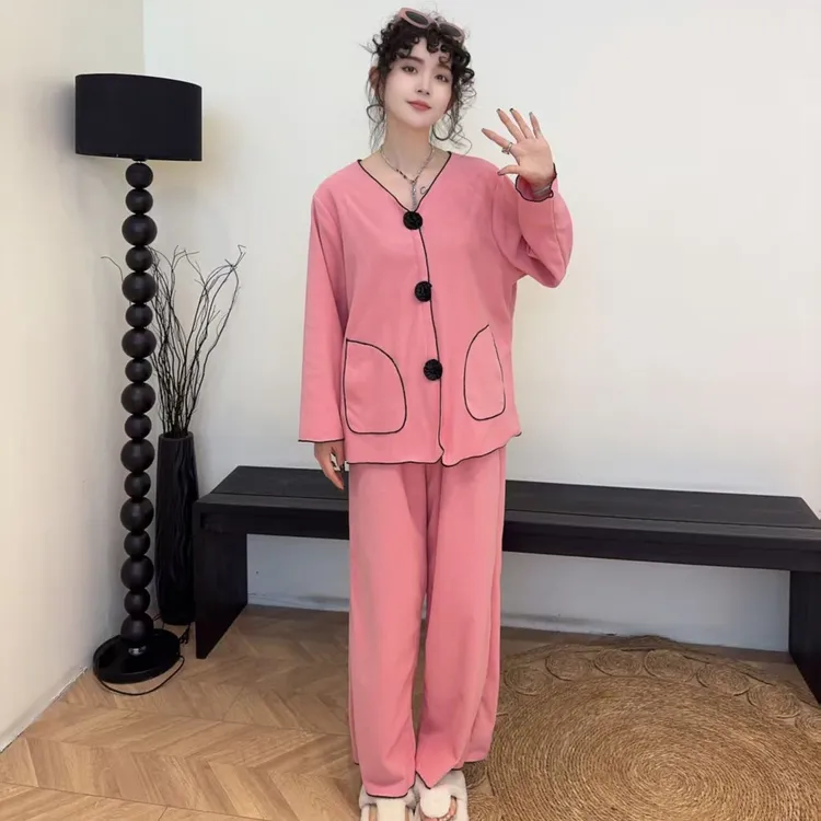 小香风立体花朵睡衣带兜双面绒家居服套装睡衣睡裤两件套