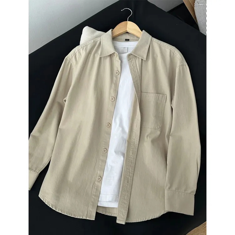 卡其色纯棉衬衫外套男春秋高级感男装慵懒风穿搭情侣装长袖衬衣服