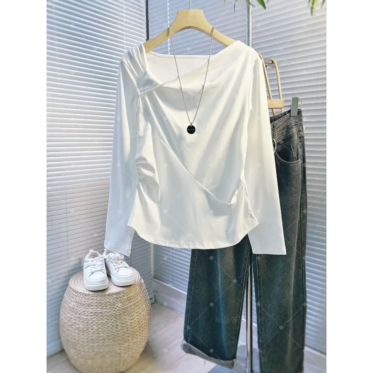 SPW私品味   2025秋季新款白色气质设计感扭结上衣长袖女 T7998