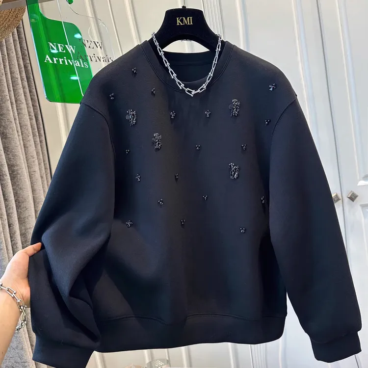 盼可欣240斤大码设计感小众圆领重工钉珠卫衣女秋季宽松上衣外套