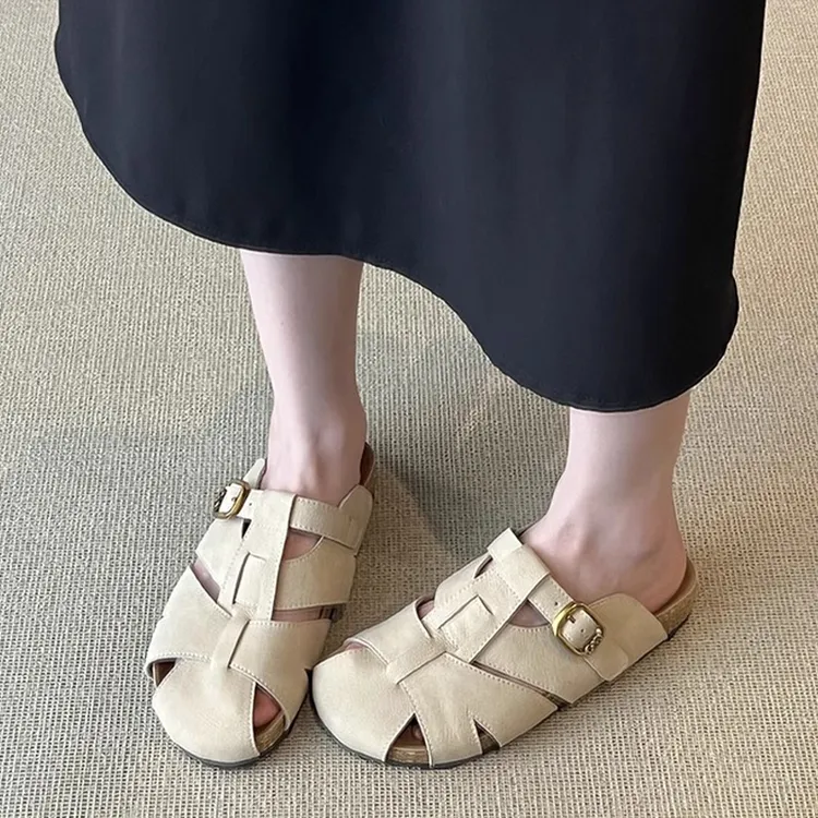 羊皮版~法式复古编织镂空罗马包头拖鞋女夏季外穿一脚蹬平底凉鞋