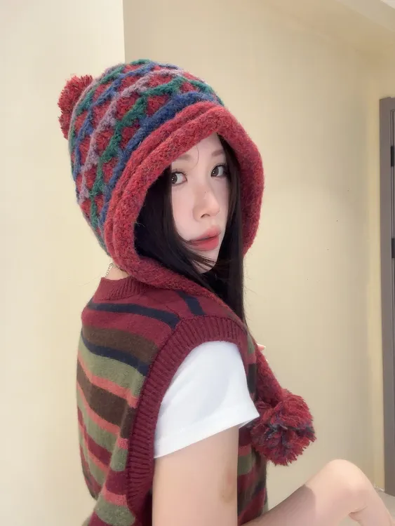 秋冬费尔岛护耳帽包头网格女帽子韩版百搭时尚保暖毛球帽保暖帽