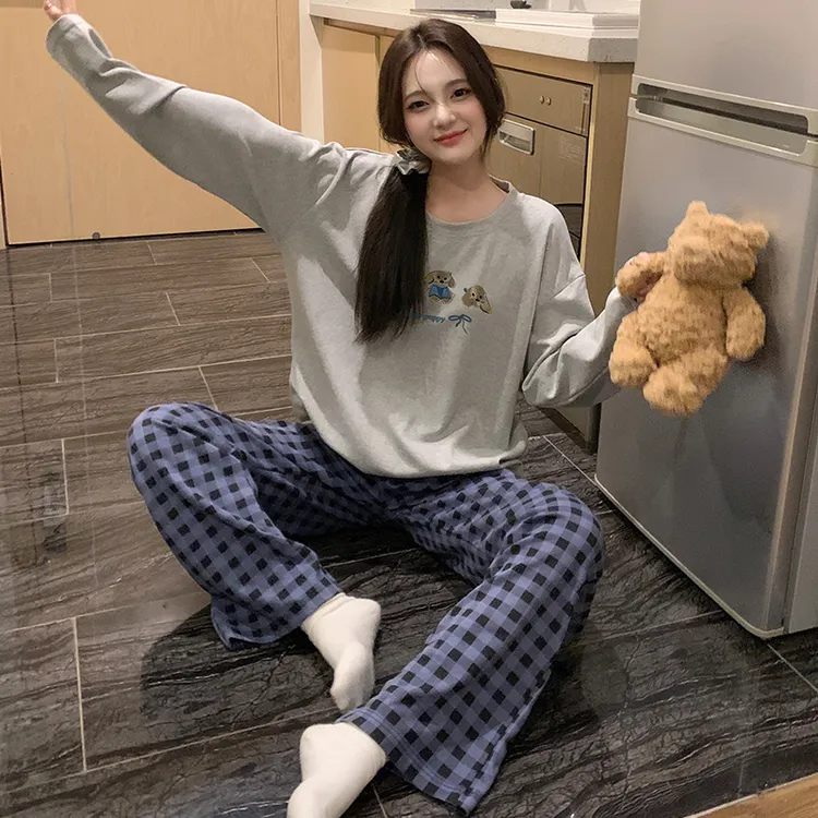 春秋季长袖薄款长裤睡衣家居服套装卡通大码韩系悠闲可外穿家居服