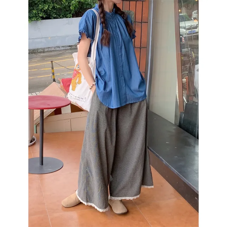 2025夏季新款日系复古宽松休闲减龄百搭木耳边短袖衬衫衬衣女chic