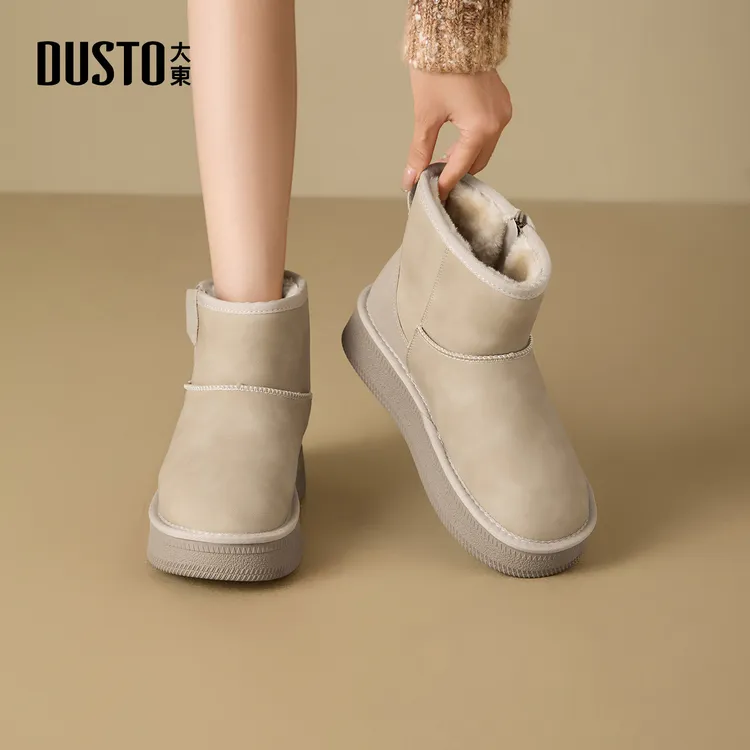 大东女鞋时尚雪地靴2025冬季新款加绒保暖侧拉链厚底短筒棉靴0240