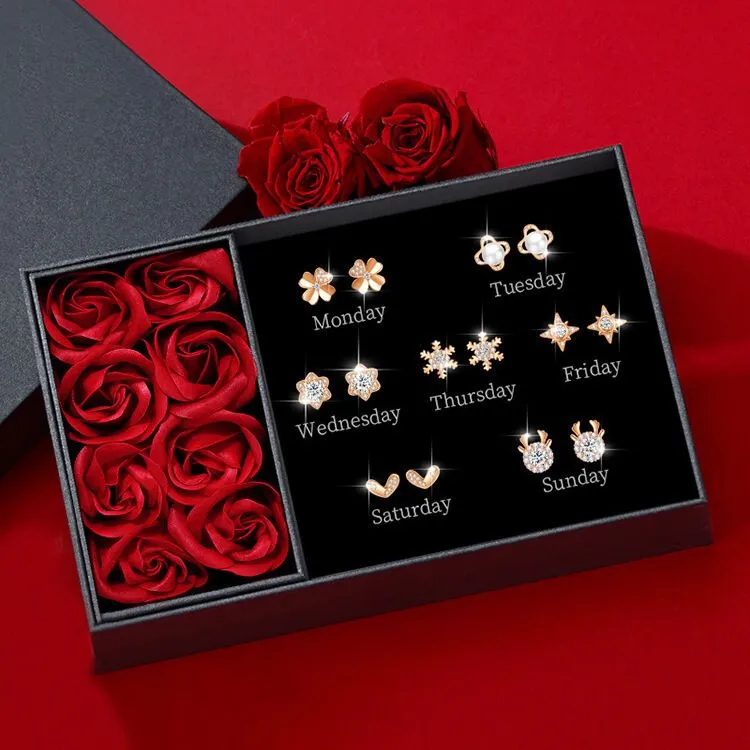 足银合成锆石耳饰 一周耳钉礼盒套装送女友老婆生日礼物惊喜女神