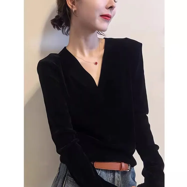V领丝绒长袖打底衫女2025秋季新款韩版时尚小众网红修身洋气上衣