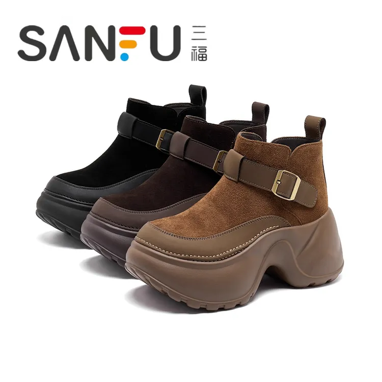 三福厚底增高8cm～短靴女2025秋冬季新款复古小个子单靴磨砂马丁靴