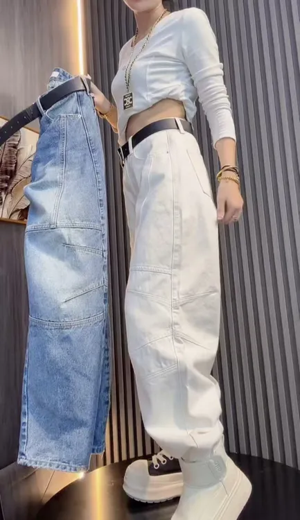 2025冬季新款洋气膝盖压褶直筒窄腿磨毛加厚牛仔裤