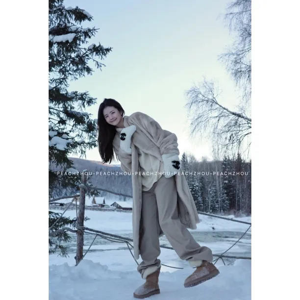 PEACHZHOU 软糯亲肤卡其弹力加长植绒微宽松直筒裤休闲通勤小腿裤