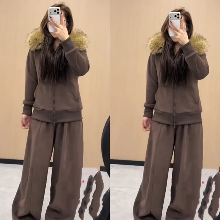 胖mm大码韩系休闲大毛领加绒短外套显瘦裤子冬季时尚两件套女