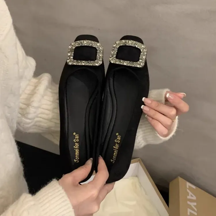 新款气质平底水钻软鞋女浅口圆头法式单鞋绿色夏天穿裙子专用鞋子