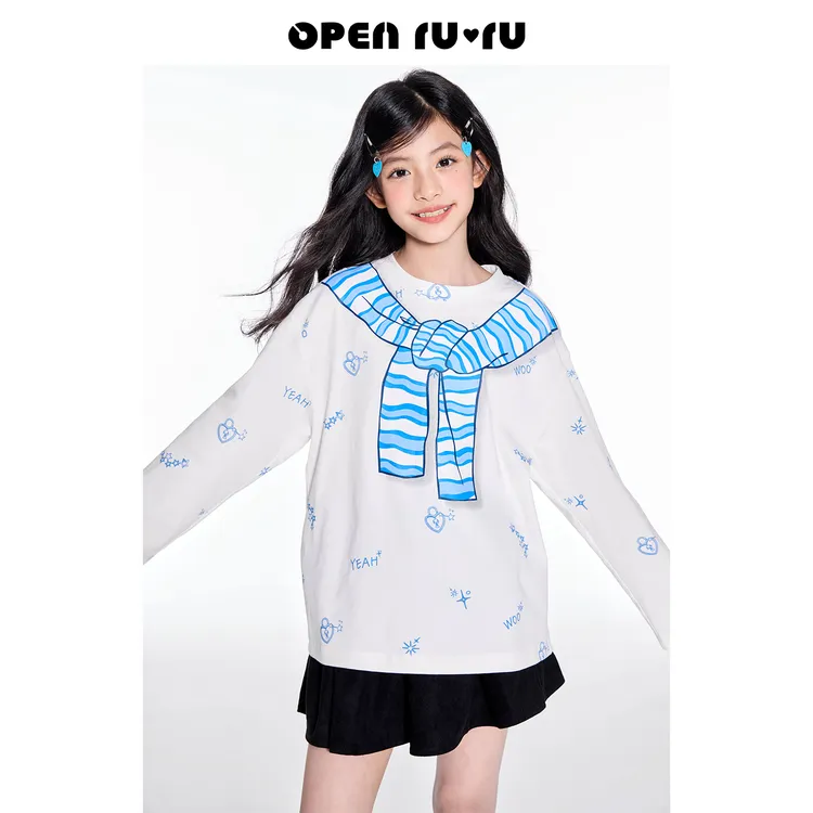 Opennunu女童学院风印花长袖T恤秋季设计感炸街软糯亲肤上衣