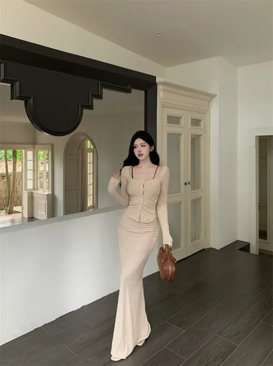 复古拼接假两件性感长袖上衣+包臀半身裙两件套套装裙子帝政长裙