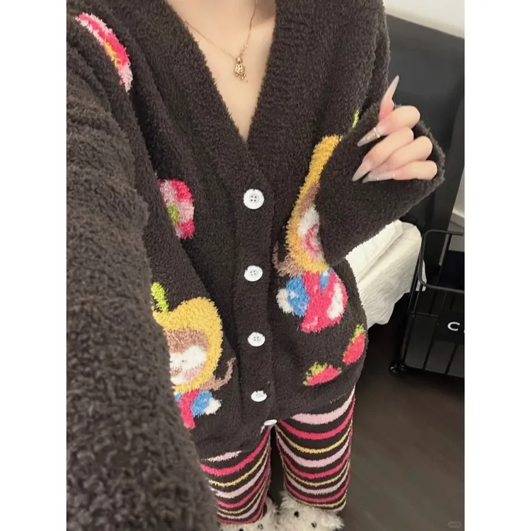 韩系可爱卡通企鹅针织半边绒睡衣女秋冬新款加绒加厚家居服套装