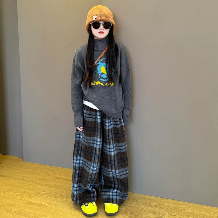 女童2025新款韩版时尚洋气格子阔腿裤卡通印花宽松毛衣新品套装潮