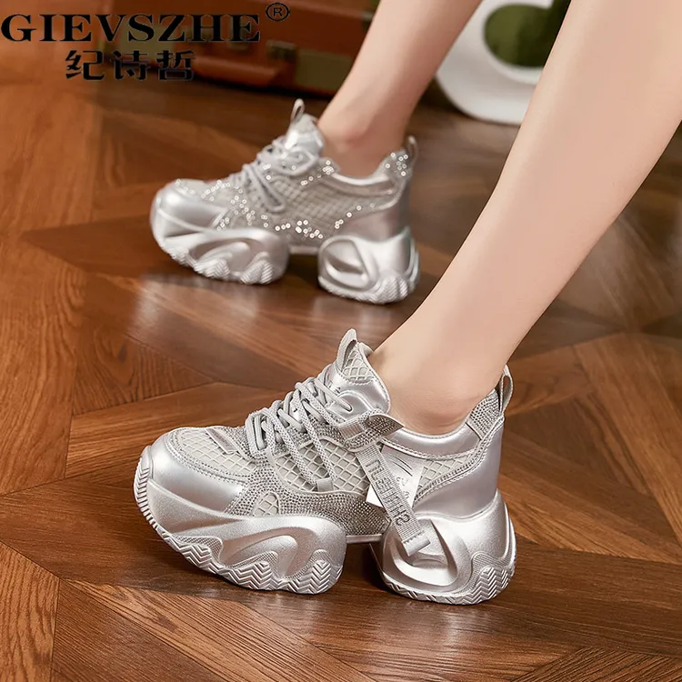 纪诗哲女鞋厚底老爹鞋女秋冬新款透气内增高时尚休闲运动鞋女款