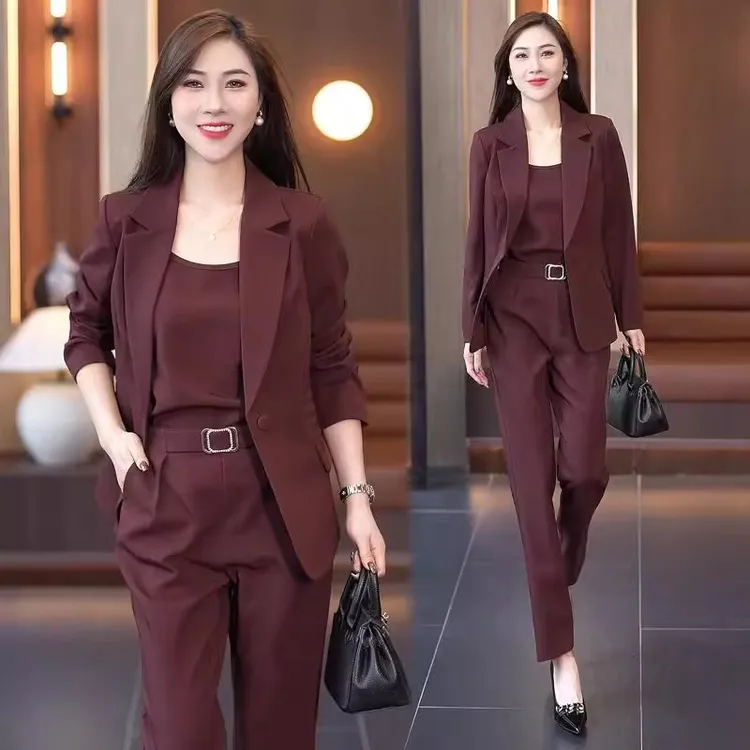 时尚西装套装女2025春季新款时髦洋气西服吊带直筒裤职业三件套潮