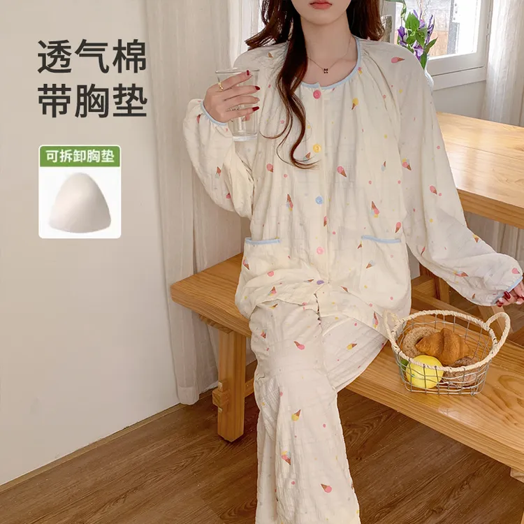 纯棉棉纱月子服高透气吸汗哺乳孕妇睡衣夏季5产妇6拆卸胸垫7月8