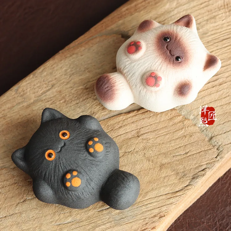 可爱萌猫茶宠紫砂精品暹罗猫咪创意可爱躺赢小猫茶宠茶桌摆件趣味
