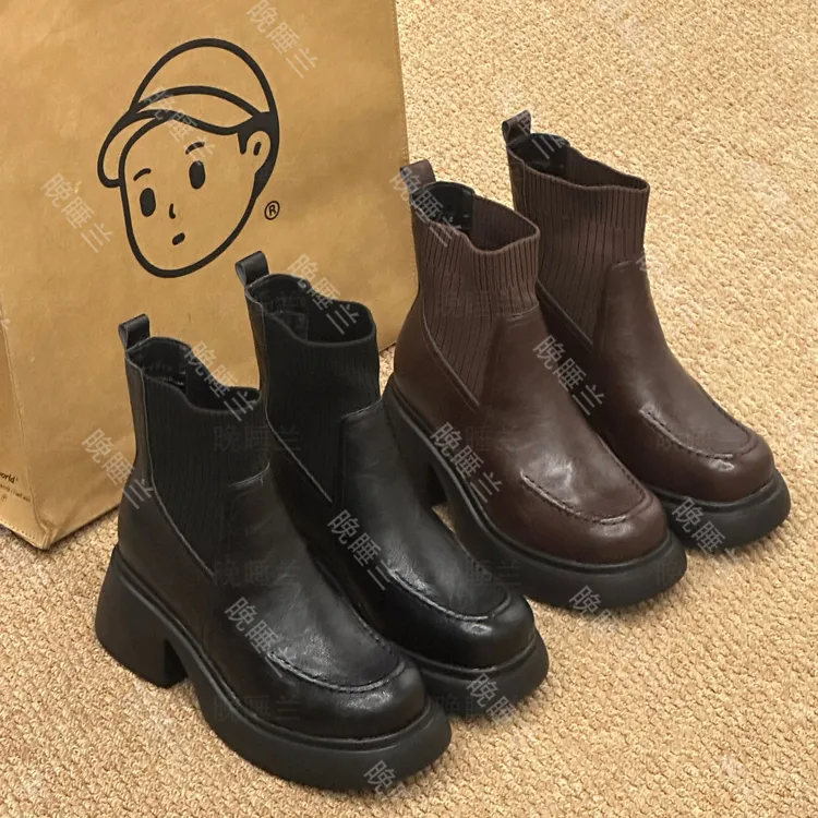 晚睡兰·内增高11cm舒适复古圆头瘦瘦靴女英伦风小个子百搭单靴女