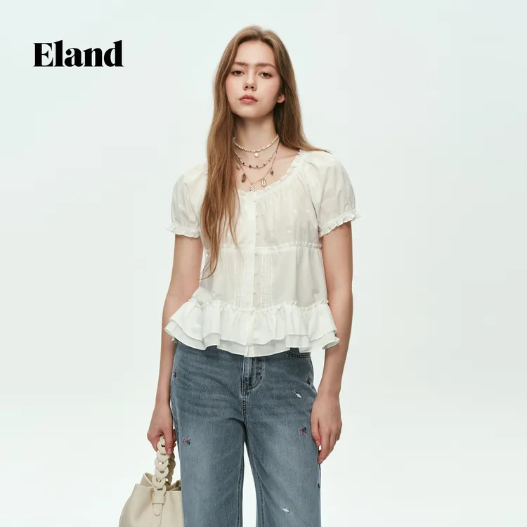 Eland衣恋26夏季女韩系温柔通勤合身刺绣提花短袖上衣EEYAG87T03