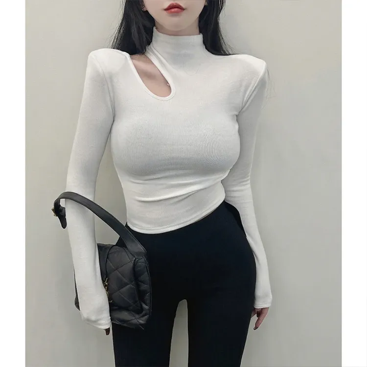 梦优莱高级感时尚高领镂空长袖T恤女秋冬磨毛加绒修身内搭打底衫