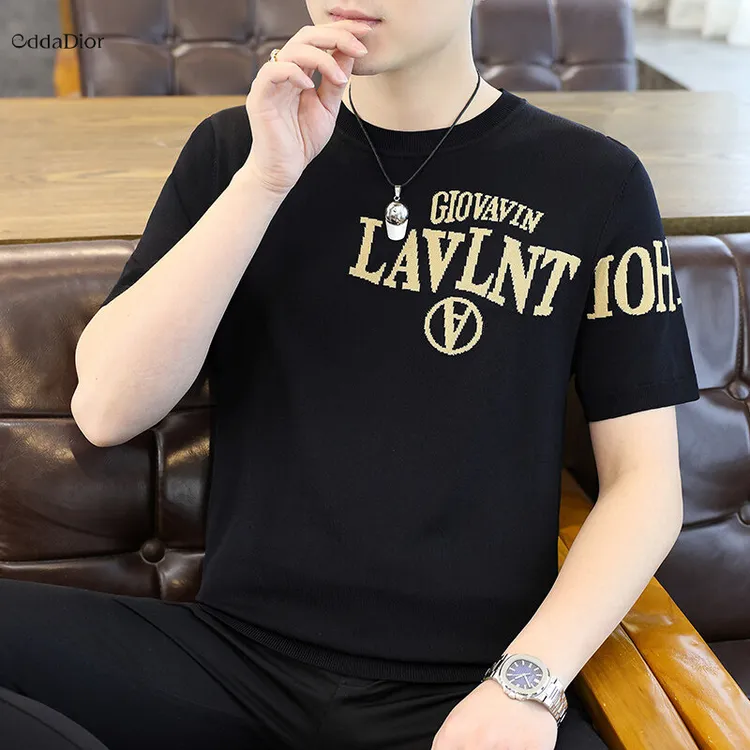 EDDADIOR夏季新款高品质冰麻针织英文字母短袖