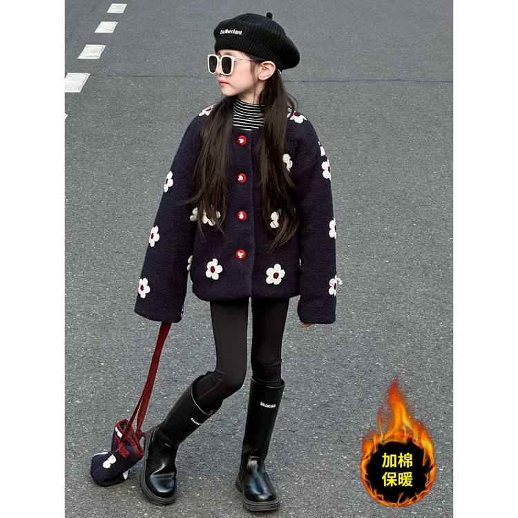 女童外套冬装2025新款洋气儿童夹棉加厚毛呢中大女童冬季夹克上衣