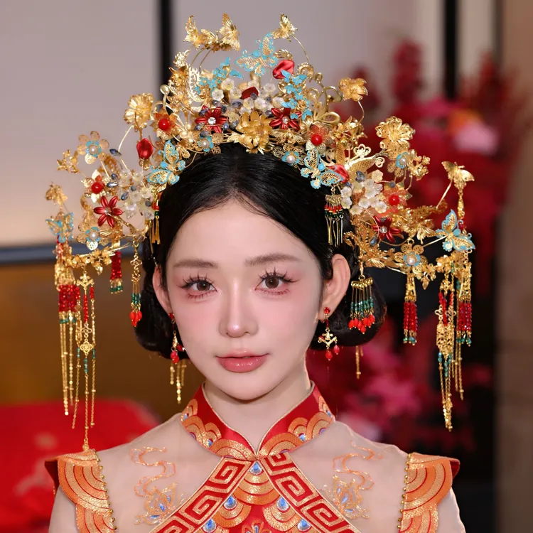 予禧-15401新娘大气饰中式黄色古风汉服秀禾服龙凤褂流苏发饰