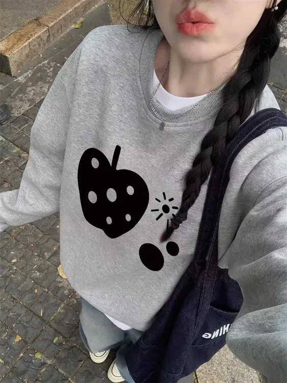 秋冬美式灰色无帽卫衣女加绒加厚内搭小个子宽松慵懒圆领长袖上衣