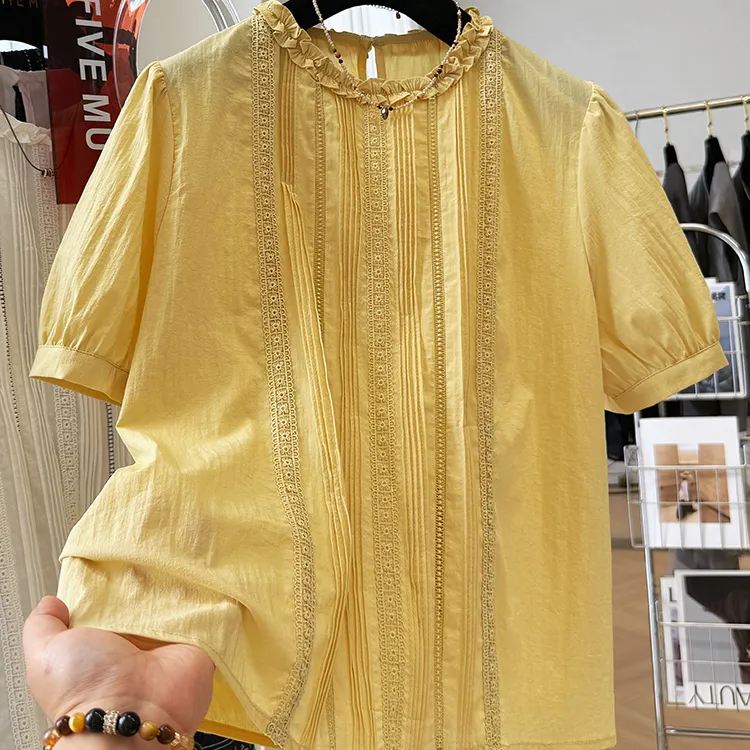 高级感重工木耳边镂空蕾丝拼接短袖衬衫女夏季气质法式小资上衣薄