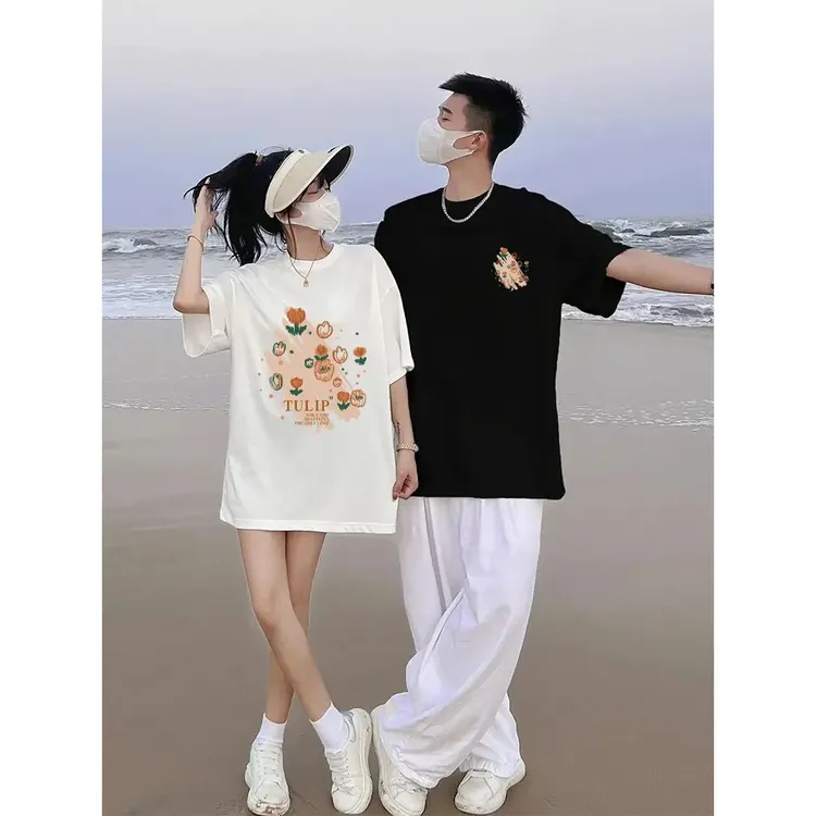 【520】夏季涂鸦字母郁金香网红重磅纯棉宽松休闲情侣短袖T恤男装