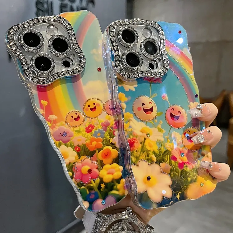 适用苹果系列iPhone17新款手机壳小众彩虹笑脸扭边钻框闪钻镜头膜