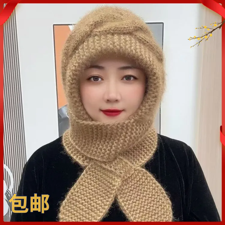 新款编织棋盘格松鼠保暖帽女士针织一体时尚加厚风雪帽秋冬包头帽