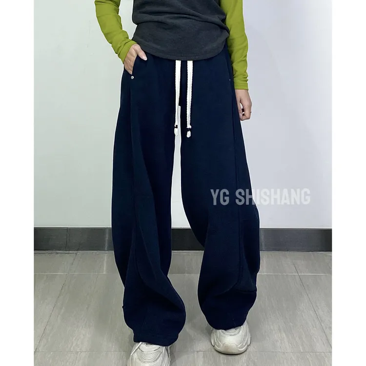YG1865铆钉捏褶刀豆裤加绒高腰长裤直筒休闲裤百搭秋季宽松加厚