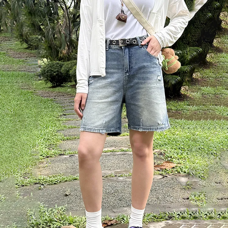 破洞毛边复古显瘦直筒牛仔短裤女2025夏季薄款无弹a字五分阔腿裤