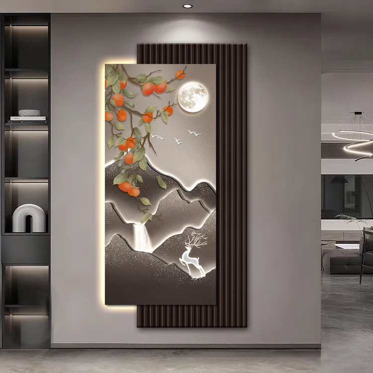 轻奢高级感玄关装饰画入户正对门背有靠山挂画过道走廊壁画柿子画