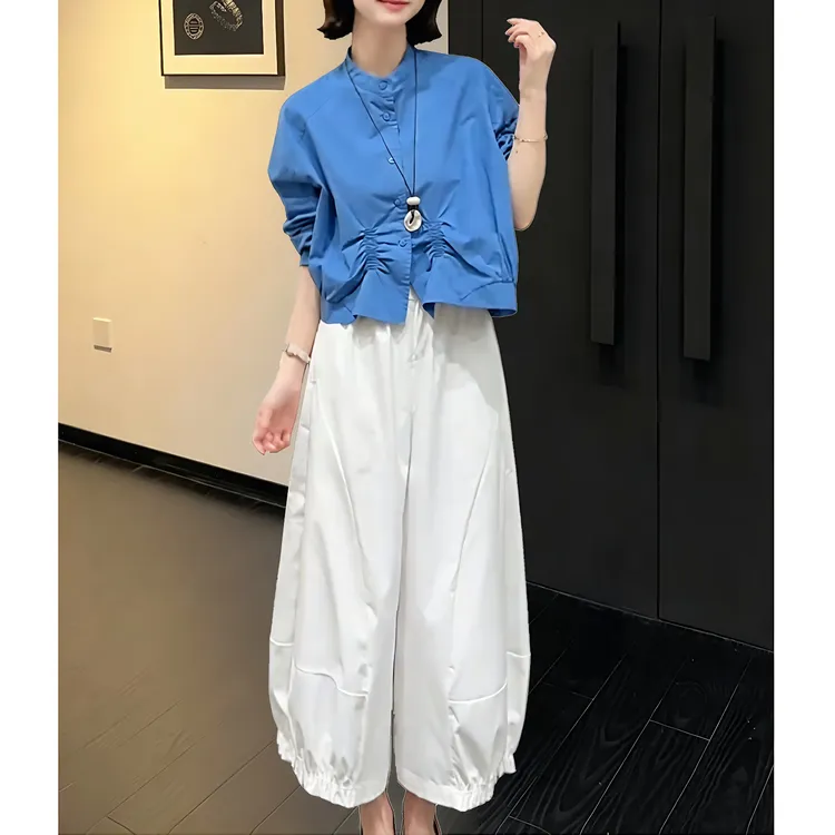 洋气百搭时尚套装女秋季褶皱宽松圆领衬衫高腰休闲阔腿裤两件套商品图
