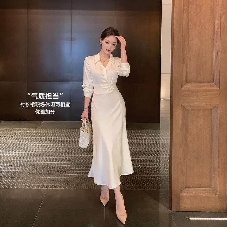 林关关【缎光流韵】优雅知性捏褶鱼尾衬衫连衣长裙温柔大方裙子女